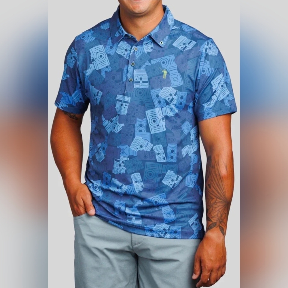 WILLIAM MURRAY size Large Candid Camera Performance Golf Polo Blue Short Sleeve